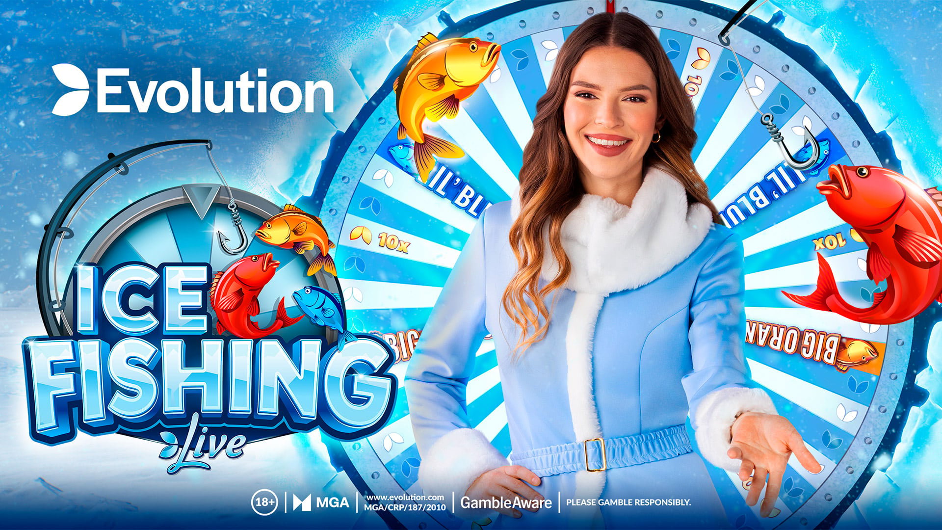 Ice Fishing game show wheel by Evolution Gaming with the presenter beside the ice hole