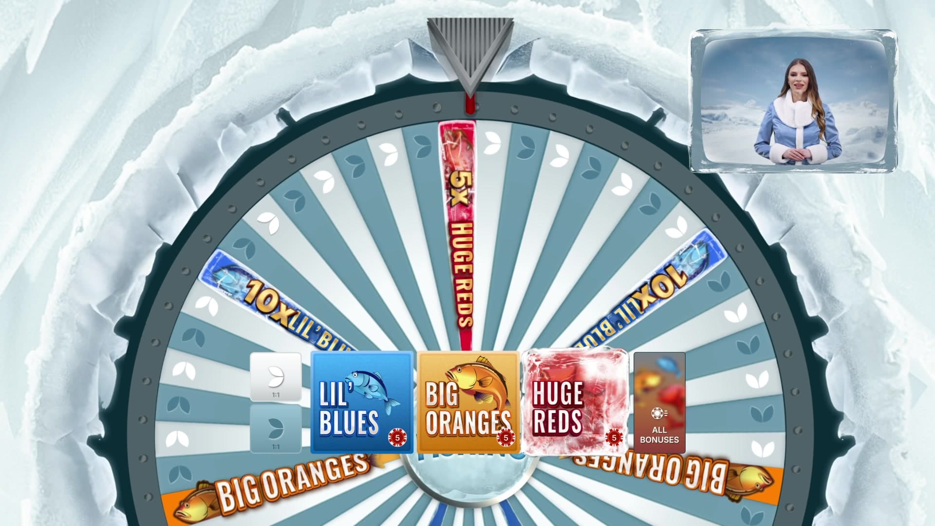 Ice Fishing wheel segments by Evolution Gaming showing Lil' Blues, Big Oranges and Huge Reds